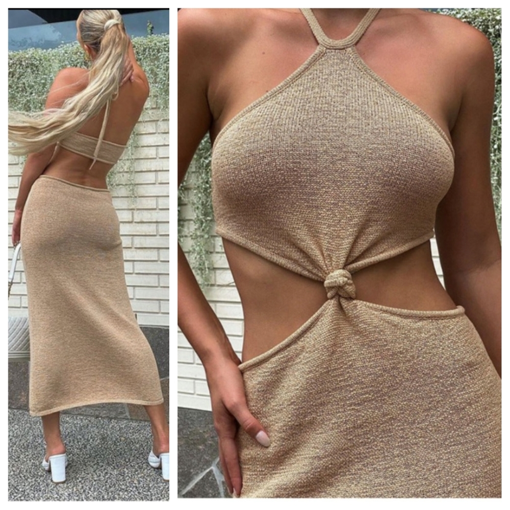 NEW REVOLVE x REVERSE Scout Beige Halter Side Cut Out Midi Dress Size XS